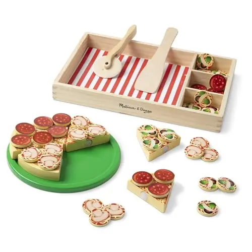 Melissa & Doug wooden pizza play set with multiple toppings