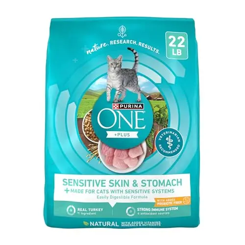 Purina ONE Sensitive Stomach dry cat food bag featuring turkey formula