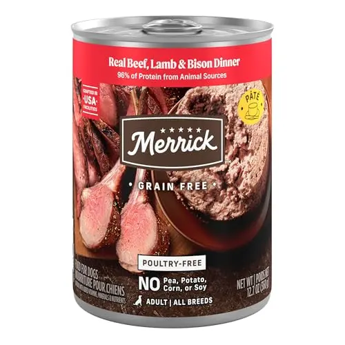 Merrick grain-free canned wet dog food with beef, lamb, and bison