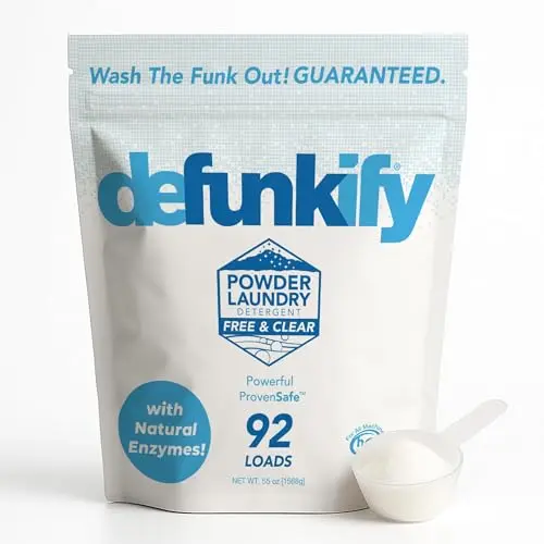 Defunkify powder laundry detergent for odor elimination