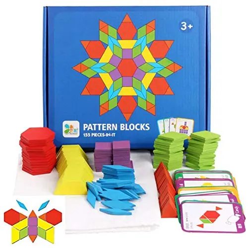JCREN wooden pattern blocks with geometric shapes and design cards