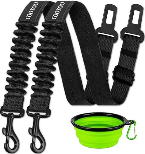 COOYOO 3-piece dog seat belt set showing elastic bungee and metal components