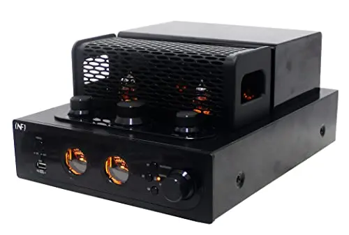 INFI Audio hybrid tube amplifier with protective mesh cover and vintage styling