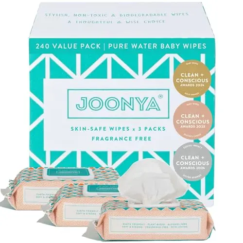 JOONYA unscented baby wipes showing plant-based biodegradable packaging