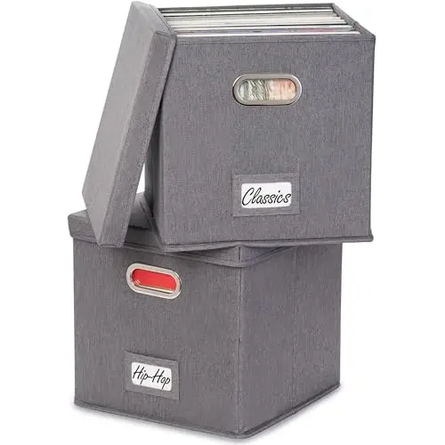 ZICOTO grey linen vinyl record storage box with metal handles and removable lid