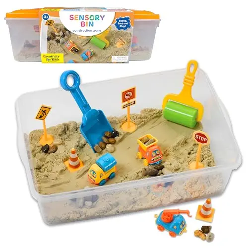 Creativity for Kids construction zone sensory bin with sand, trucks, and accessories