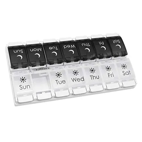 EZY DOSE pill organizer with removable trays and black/white lids