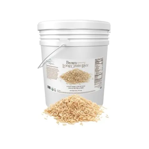 Mountain High Organics certified organic brown rice in 6-gallon bucket