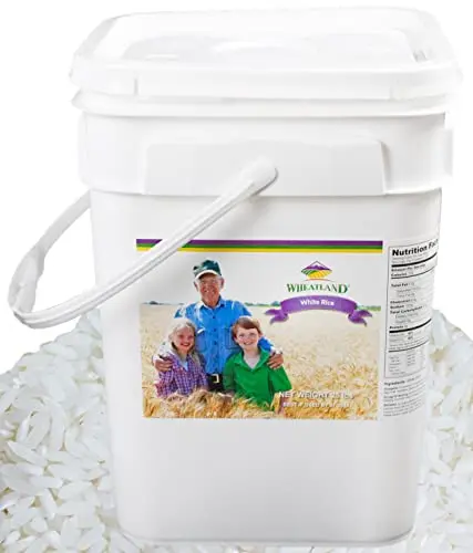 Wheatland white rice in mylar bag inside bucket for 25-year shelf life