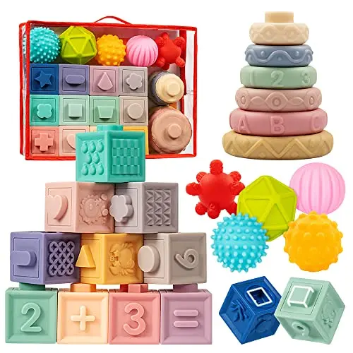 Jyusmile 3-in-1 Montessori toy set with blocks, rings, and sensory balls