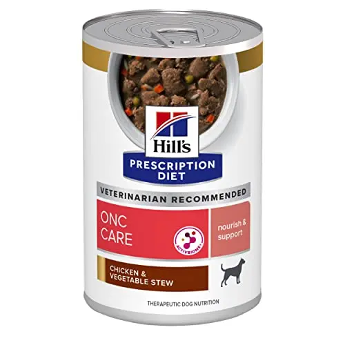 Hill's Prescription Diet ONC Care wet dog food can showing chicken and vegetable stew