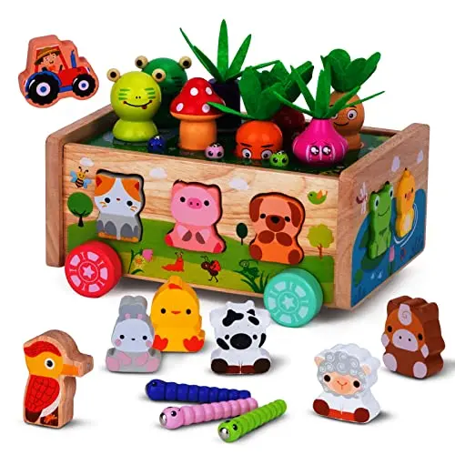 KMTJT wooden Montessori farm cart with animals and vegetables