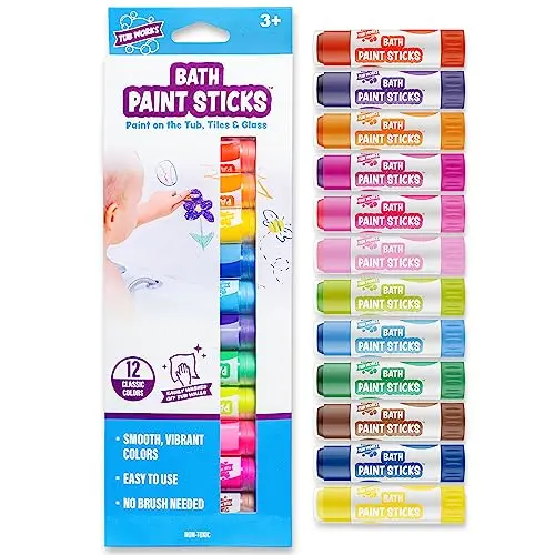 Bath paint sticks creating colorful designs on tub