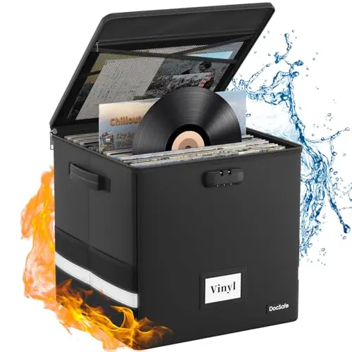 DocSafe black fireproof vinyl record storage box with combination lock