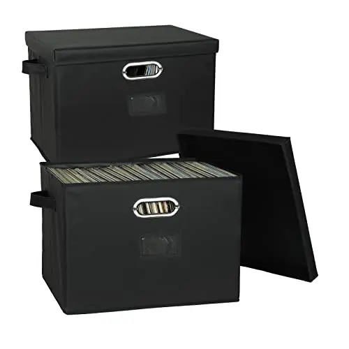 Lukeline black fabric vinyl record storage boxes with leather handles
