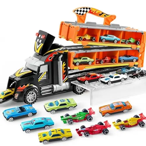 JOYIN toy truck with foldable race track and multiple cars