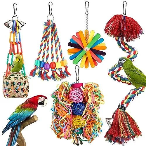 YIXUND bird rope perch set with foraging toys, rattan balls, and colorful elements