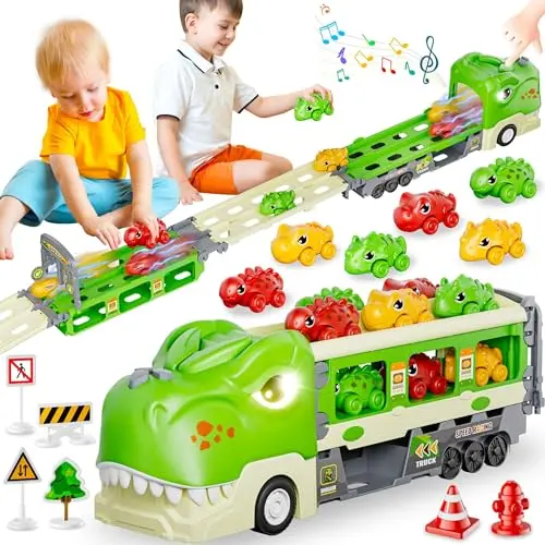 Dinosaur truck toy with foldable track and small cars