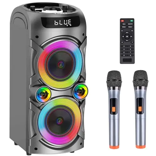 TYOTY karaoke machine with wireless microphones and LED lights