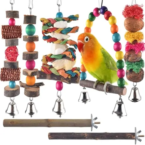 BISSAP 7-piece natural wood bird toys for chewing and perching