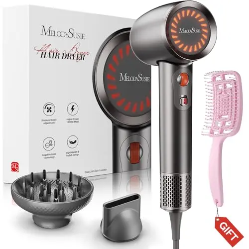 MelodySusie hair dryer with diffuser and brush attachments in black