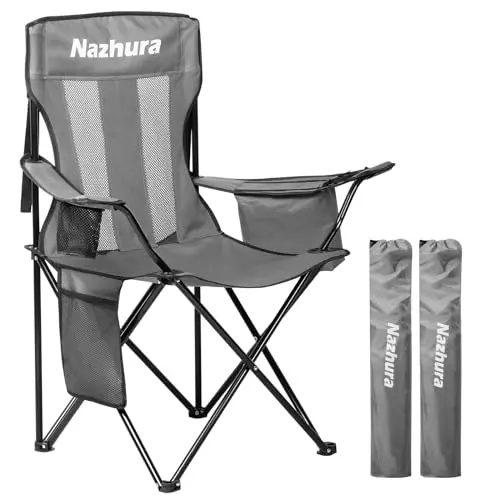 Nazhura 2-pack folding camping chairs with cooler pouch and mesh backrest in grey