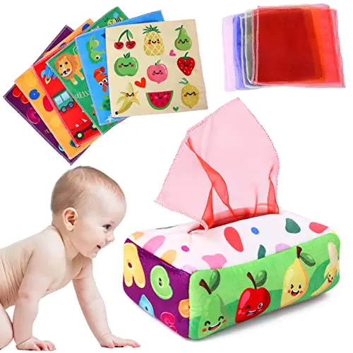 YOGINGO tissue box toy with colorful silk scarves and crinkle papers