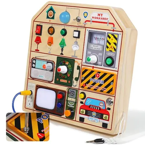 JAUNTY wooden Montessori busy board with LED lights, switches, and simulated activities