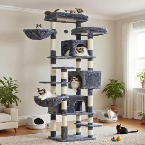 Hey-brother cat tree with three condos and hairbrush feature