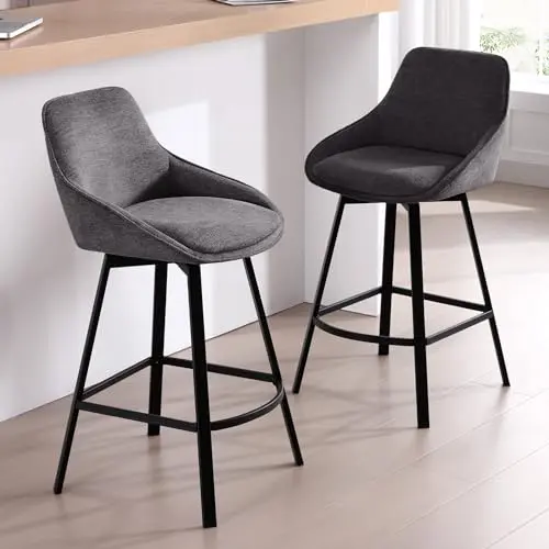 Zesthouse dark grey linen swivel bar stool with metal legs