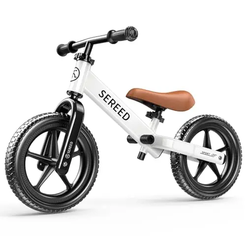 SEREED 12-inch balance bike in white with tool-free adjustment features