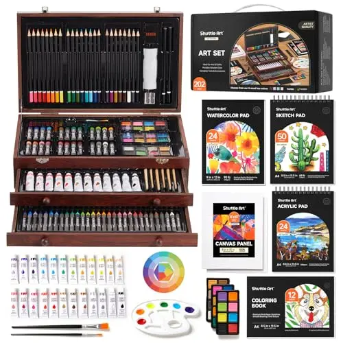 Shuttle Art Deluxe Gift Art Kit with wooden storage box and various art supplies