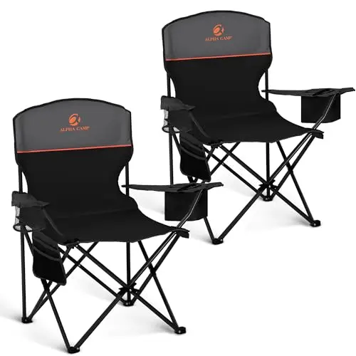 ALPHA CAMP 2-pack folding camping chairs with cooler and side pocket in black-grey