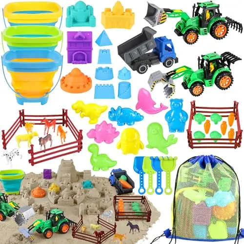 Farm-themed sand toys with tractors, animals, and vegetable molds