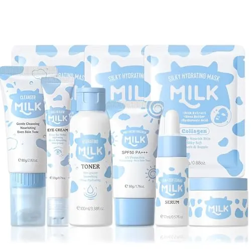 Milk skincare set for teens with multiple products including toner, cleanser, and masks