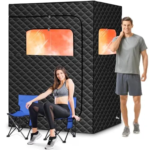 Upgraded 2-person portable steam sauna with dual steamers and folding chairs