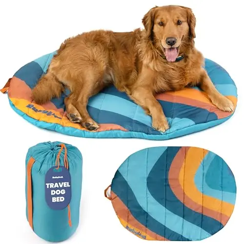 Rubyloo dog bed mat showing compact roll and water-resistant fabric