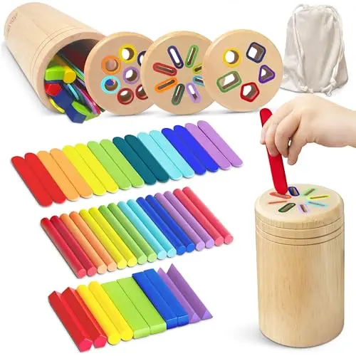 Wooden Montessori toy with three different lids for sorting activities