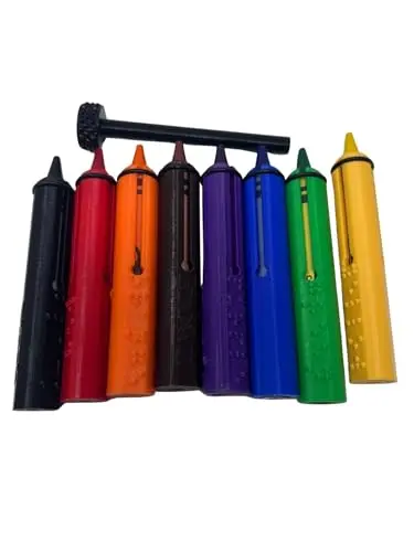 Set of 8 Braille crayon holders with colored sleeves and pusher tool