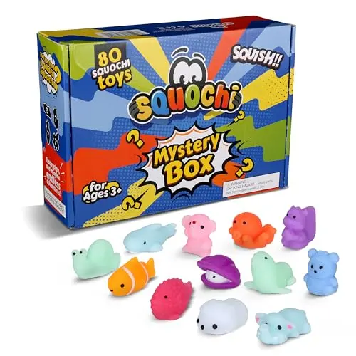 Squochi Mystery Pack of 80 mochi squishy toys in blind bags with storage tote