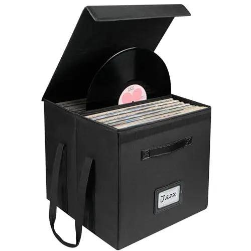 Uniclife black collapsible vinyl record storage box with handles and lid