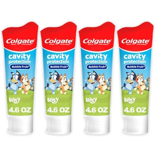 Colgate Kids Bluey toothpaste with fluoride for cavity protection and bubble fruit flavor
